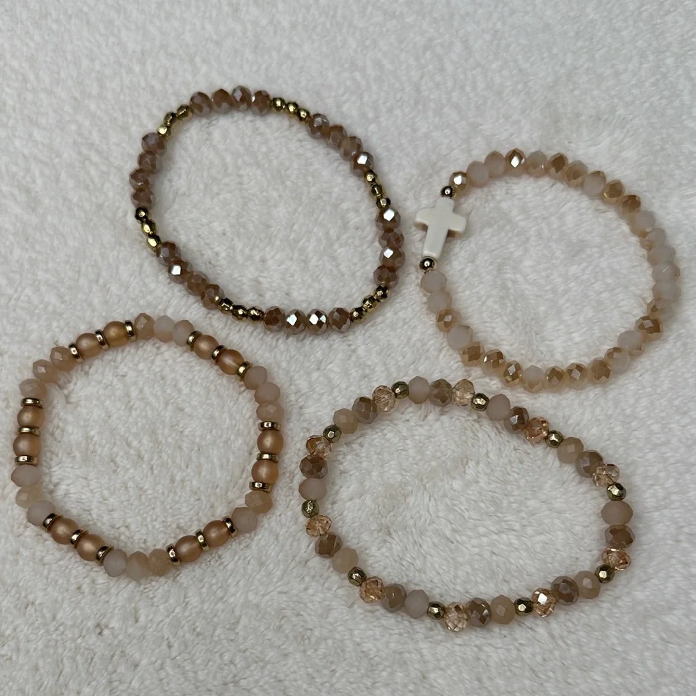 Beaded Bracelets Pretty Neutral Gold Mauve Pink Set of 4 with Cross Charm NWOT